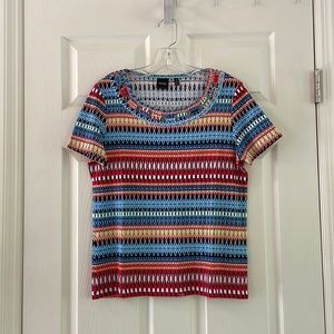Rafaella (m) red, blue, yellow, orange and green patterned short sleeve top.